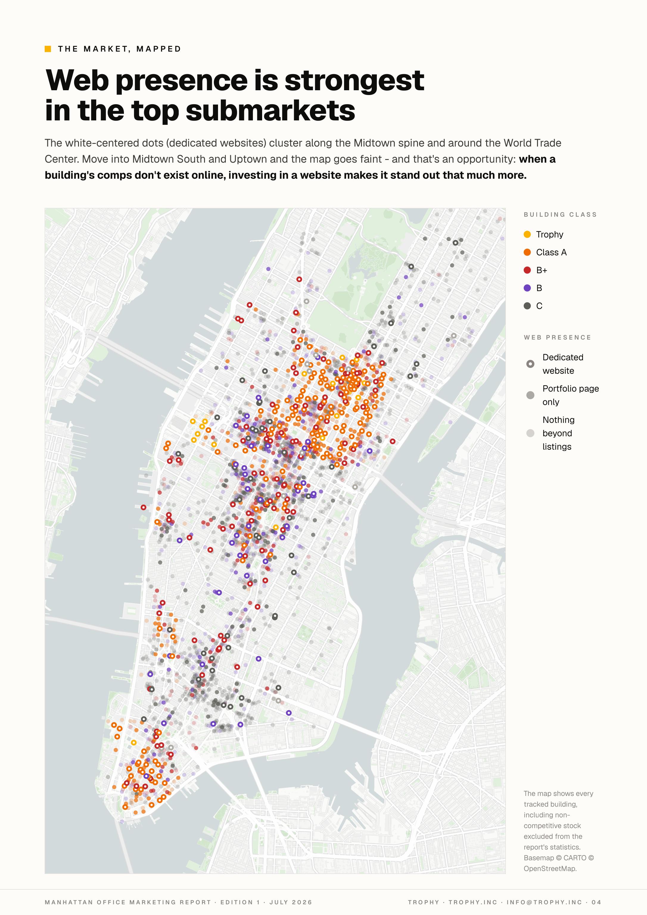 Inside page of the report: a dot map of Manhattan plotting every office building in the study